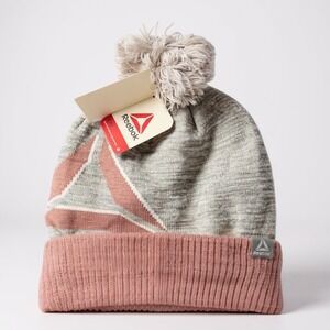 Reebok Womens Gray & Pink Knit Beanie Hat With Pom NEW